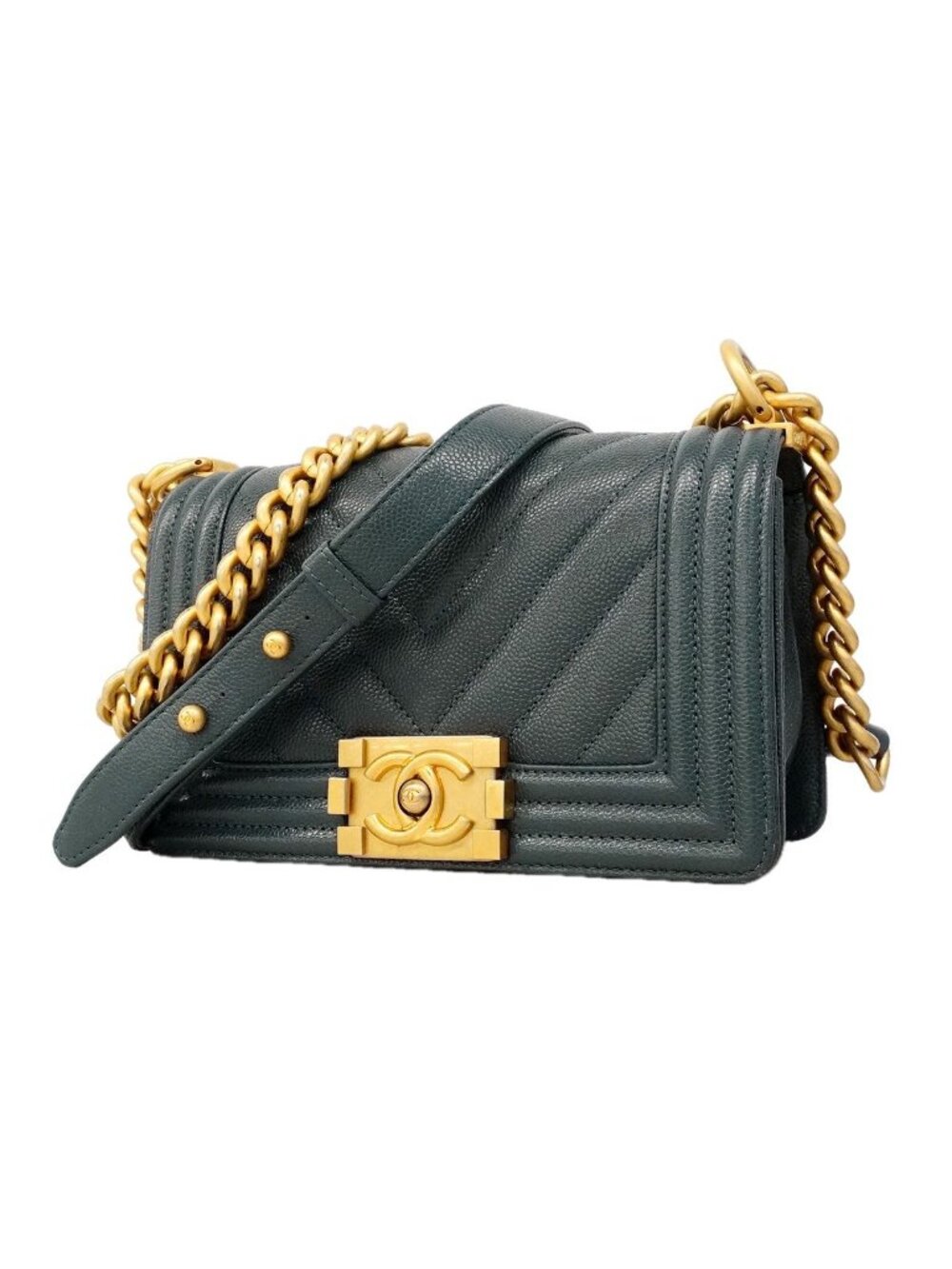 Chanel Shoulder Bag Boy Caviar Leather Steel Blue Gold